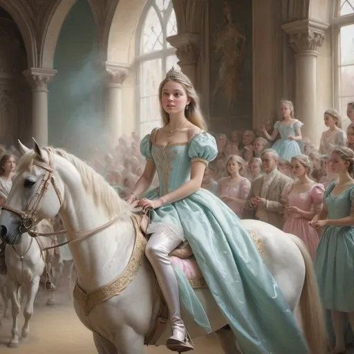 Prompt: Dreamy pastel portrait, of a princess riding her bourse through her court 