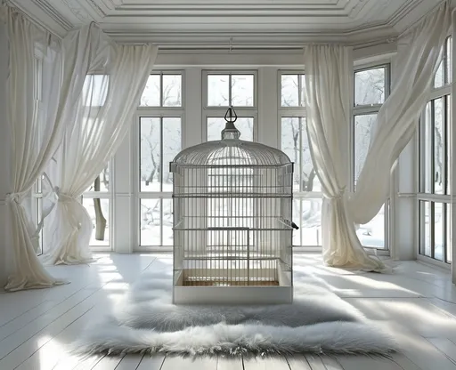 Prompt: a square room, big white bird cage in the center , white furr on floor ,window in the back 