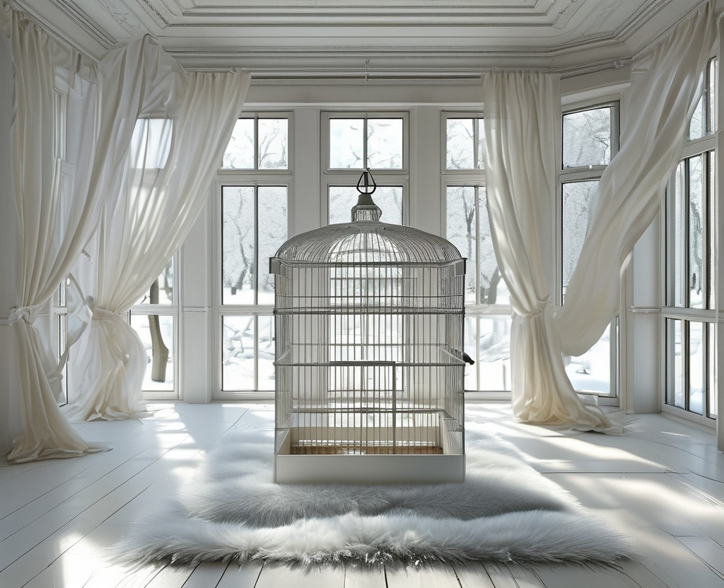 Prompt: a square room, big white bird cage in the center , white furr on floor ,window in the back 