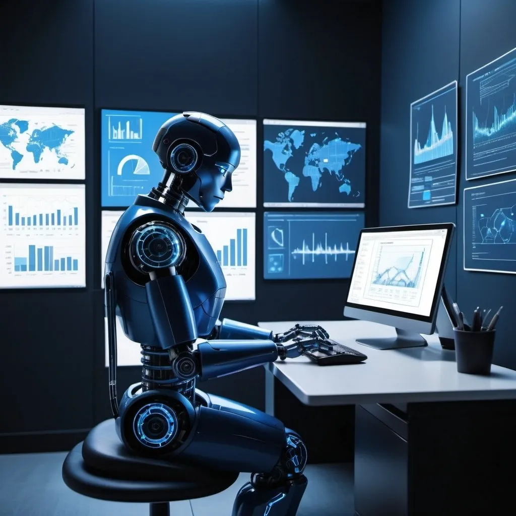 Prompt: Create a picture of an AI robot sitting at a desk typing and using the mouse. The room should be high tech with lots of screens with various high tech graphs and dashboards in a high tech blue color 
regime. 