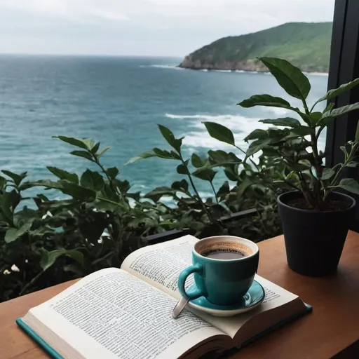 Prompt: I want to create an image which has a sea in the background and it should have caption saying 
Drink coffee
Read books
Buy plants
Avoid people 