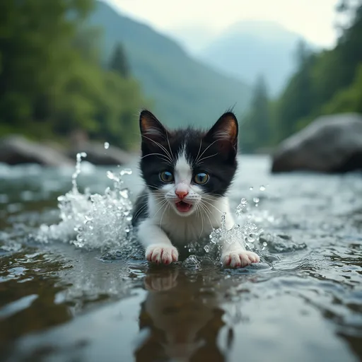 Prompt: Ultra-realistic, cinematic composition. A small, adorable black and white kitten with big, scared eyes is struggling and paddling in a fast-flowing, turbulent river. Water splashes around. Background: lush green forest and misty mountains. Reflective water surface effect.



