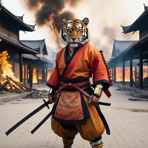 Prompt: A Bengal tiger dressed up as a samurai stands in the middle of an empty town square with fire burning what's left of the town 