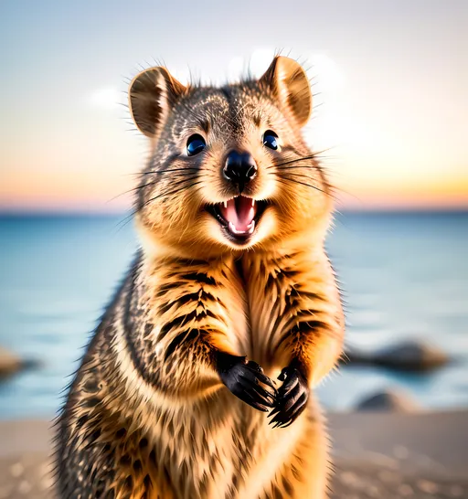 Prompt: A cheerful quokka stands in the foreground, exhibiting a broad, joyful expression that showcases its bright, glossy eyes and wide smile. The background reveals a serene seascape, with soft hues of blue and pastel oranges reflecting the tranquil atmosphere of a sunset, creating a calming ambiance. The composition captures the quokka's playful stance as it raises its paws slightly, engaging the viewer with its delightful presence. The lighting is soft, enhancing the quokka's fluffy fur and giving the scene a warm, inviting glow. Overall, this image radiates happiness and evokes a sense of connection with nature.