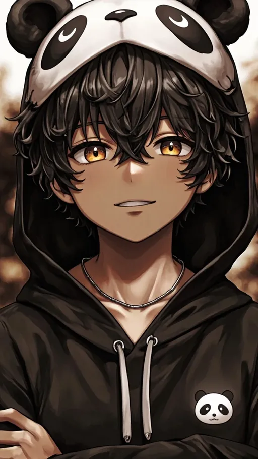 Prompt: A young male character stands confidently, his arms crossed, exuding a cool and casual vibe. He sports curly black hair that frames his face, with playful tendrils falling over his forehead. A unique panda-themed hoodie, complete with ears, emphasizes his youthful spirit, while the panda logo on his chest adds a whimsical touch. His warm golden-brown eyes reflect a mix of curiosity and determination, and he wears a simple silver chain around his neck, further enhancing his stylish demeanor. The background remains soft and slightly blurred, focusing attention on him and creating an atmosphere of camaraderie, suggesting he is part of a larger group or narrative. The overall color palette is rich in earthy tones, enhancing his expressive features and the playful theme of his outfit.