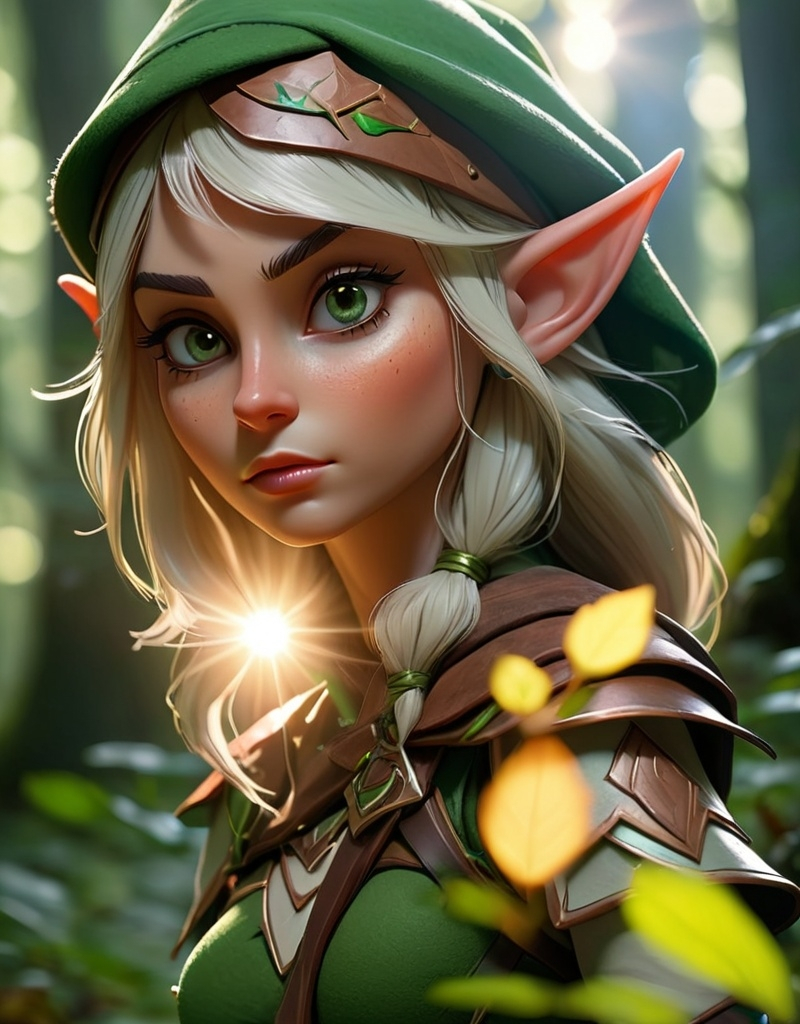 Prompt: Elf ranger in a mystical forest around sunlight