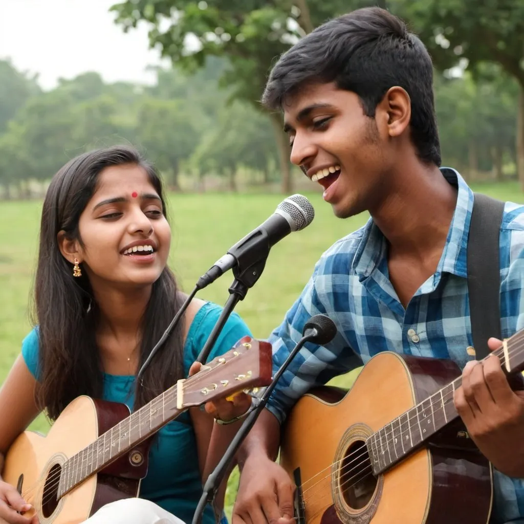 Prompt: 20 year old Jennifer, a beautiful girl, singing with young man Arun from Bangalore who is playing guitar in a picnic