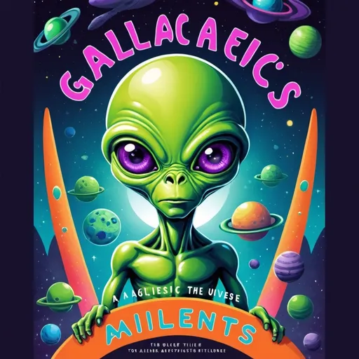 Prompt: Create a captivating book cover for a modern, witty book about aliens titled Galactic Misfits: An Aliens guide to the universe]’. The cover should feature a playful, cartoonish alien with a curious or amused expression. Use a vibrant, cosmic background with abstract shapes or symbols to dazzle and intrigue. The title should be memorable, displayed in a bold, engaging font.
