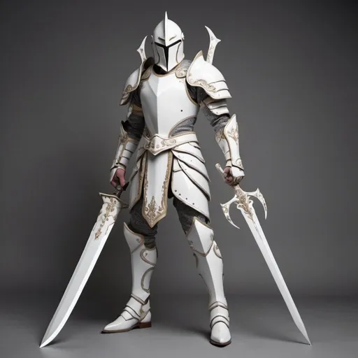 Prompt: Una armadura moderno de color blanco con una espada ultra poderosa