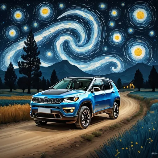 Prompt: Jeep Compass driving in the starry sky in van gogh style
