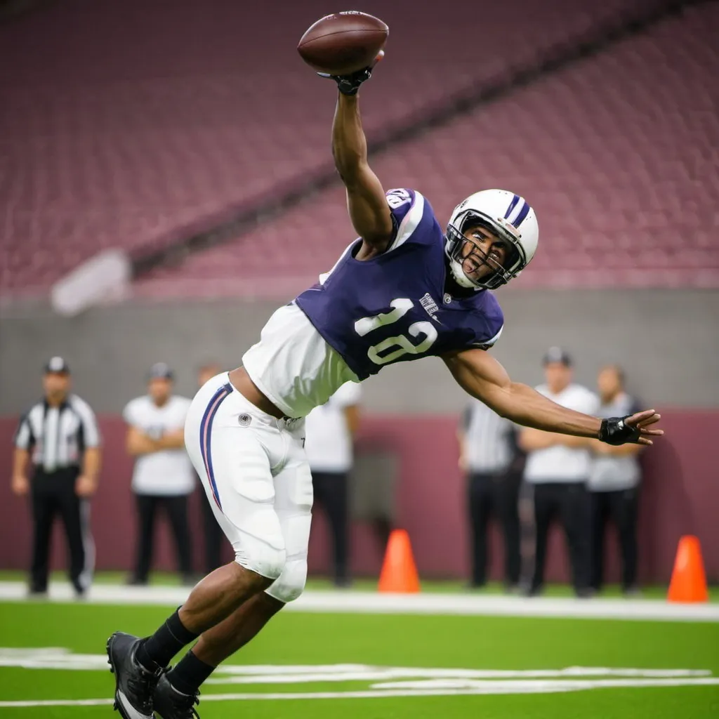 Prompt: make a football player doing a one handed catch
