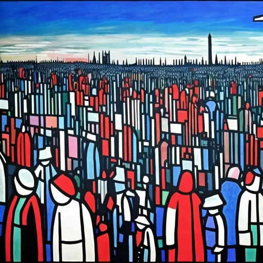 Prompt: hundreds of people in the style of lowry. birmingham england. cheerful. psychedelic, retro, vivid blue
