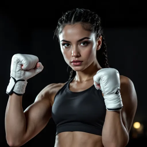 Prompt: very muscular women in early 20s, wrapped kunckles, dark braided hair, pale skin, crop top, boxing pose, fists raised, dark room, white skin