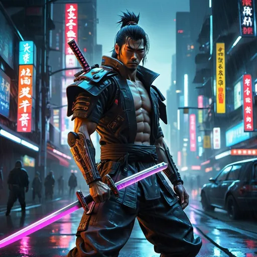 Prompt: A cybernetic samurai warrior, wielding a glowing katana, neon-lit cityscape, futuristic skyline, rain-soaked streets, Japanese cyberpunk, dystopian, digital painting, by Johnson Ting and Masamune Shirow, dynamic pose, cinematic lighting, cybernetic enhancements, techno-samurai, cybernetic implants, urban warfare, gritty realism, action-packed, sharp focus, sci-fi, by kr0npr1nz, artstation, highly detailed