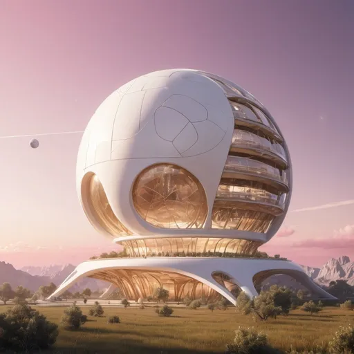 Prompt: A futuristic light-white and gold metallic for a large buildings biomimicry architecture side view, sci-fi buildings, type 3 civilization, playing flying spacecraft in sky, peaceful landscape, beautiful pink sky and small terrestrial planet, photorealism, realistic, full shot
