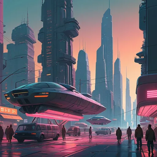 Prompt: A bustling futuristic city, floating platforms, skyscrapers, flying cars, cybernetic citizens, technological marvel, bustling streets, urban sprawl, neon lights, by Simon Stålenhag and Syd Mead, sci-fi metropolis, advanced civilization, digital painting, by Beeple and Sparth, dynamic composition, futuristic architecture, by Mike Doscher, artstation, highly detailed