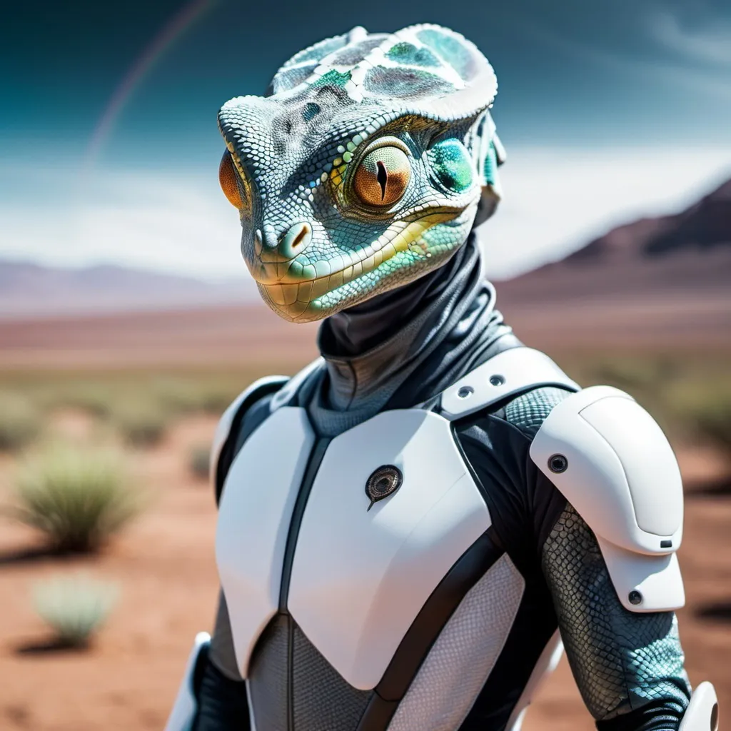 Prompt: A humanoid-reptilian male with full chameleon color shift skin, he is a complete heterochromia of compound eyes in insect, wearing gray space uniform, other alien landscape background, medium full shot