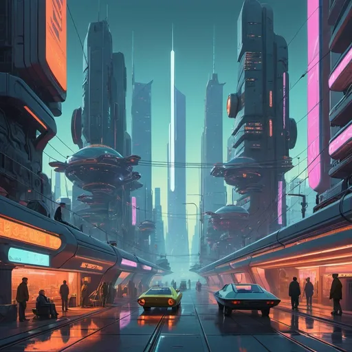 Prompt: A bustling futuristic city, floating platforms, skyscrapers, flying cars, cybernetic citizens, technological marvel, bustling streets, urban sprawl, neon lights, by Simon Stålenhag and Syd Mead, sci-fi metropolis, advanced civilization, digital painting, by Beeple and Sparth, dynamic composition, futuristic architecture, by Mike Doscher, artstation, highly detailed