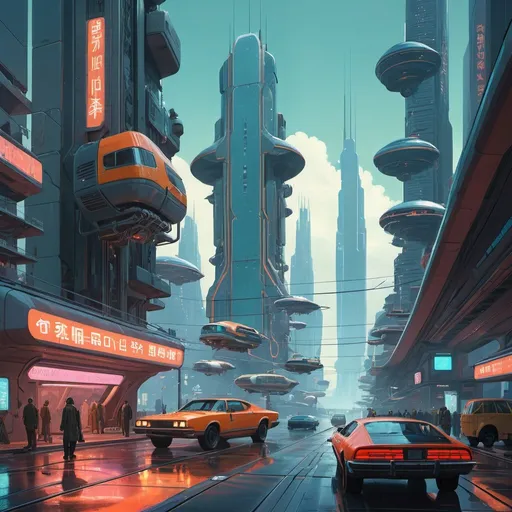 Prompt: A bustling futuristic city, floating platforms, skyscrapers, flying cars, cybernetic citizens, technological marvel, bustling streets, urban sprawl, neon lights, by Simon Stålenhag and Syd Mead, sci-fi metropolis, advanced civilization, digital painting, by Beeple and Sparth, dynamic composition, futuristic architecture, by Mike Doscher, artstation, highly detailed