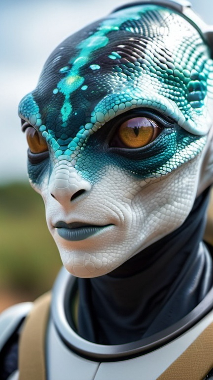 Prompt: A humanoid-reptilian male with full chameleon color shift skin, he is a complete heterochromia of compound eyes in insect, wearing gray space uniform, other alien landscape background