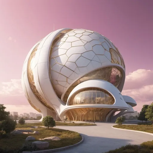 Prompt: A futuristic light-white and gold metallic for a large buildings biomimicry architecture side view, sci-fi buildings, type 3 civilization, playing flying spacecraft in sky, peaceful landscape, beautiful pink sky and small terrestrial planet, photorealism, realistic, full shot