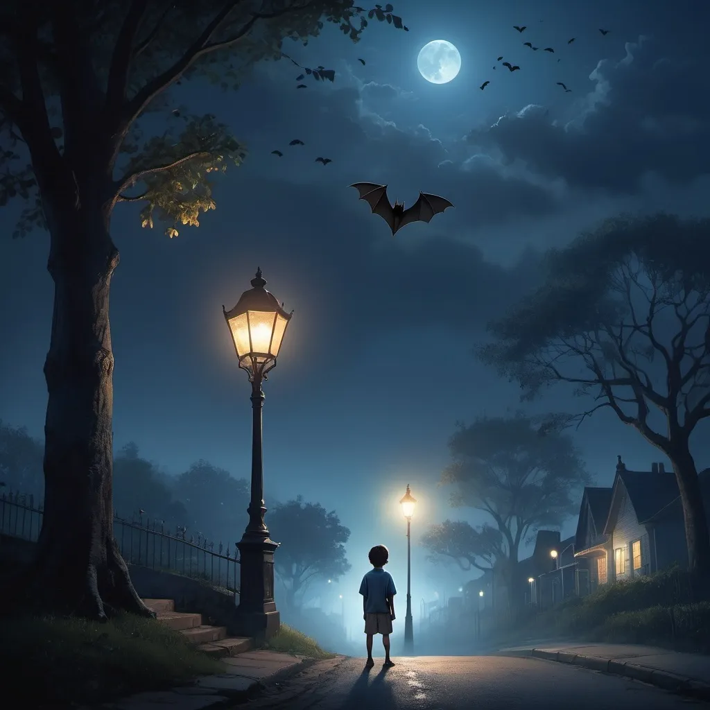 Prompt: Image for book cover to have a boy on the top of a  hill street looking up at a lampost shining down onto the street with  a small single ruit bat cicr ling around the light