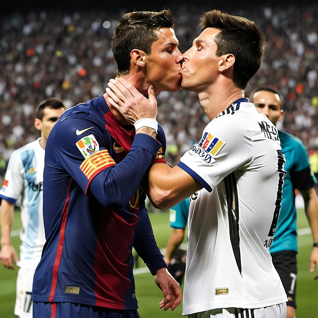 Prompt: Cristiano Ronaldo kissing Lionel Messi