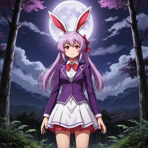 Prompt: Reisen Inaba from Touhou Project standing in front of the full moon in the forest, light cloud cover, bunny ears, red eyes, purple suit, red tie, white shirt, pink skirt