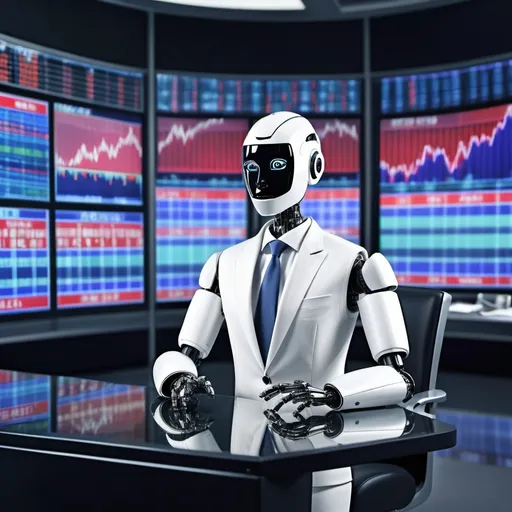 Prompt: AI robot as news anchor with stock markets news as background in a news studio room 
