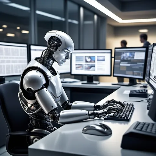 Prompt: A dynamic scene of a news editor, deep in thought, sitting at a modern desk surrounded by screens displaying headlines, typing fervently on a keyboard. At his side, a sleek, futuristic robot with a friendly demeanor assists, extending a metallic arm to provide suggestions. Bright, warm light fills the room, creating a bustling newsroom atmosphere, ultra-detailed, 4K resolution.