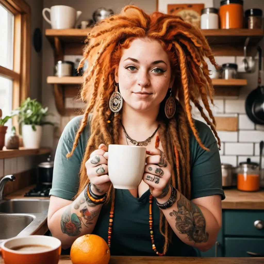 Prompt: create an image of a hippy curvy woman with piercings, tattoos and curly orange hair with dread locks making coffee in a bohemian kitchen