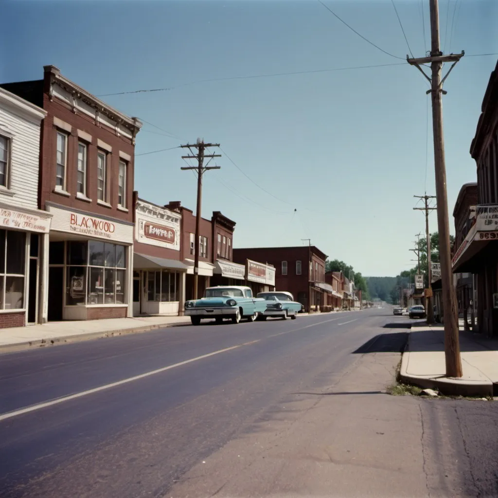 Prompt: An old american township circa 1960s
Aspect of looking down the main street. No cars on the street.  Buildings are to look old and run down. A building should include the word "Blackwood" as part of it's signage.