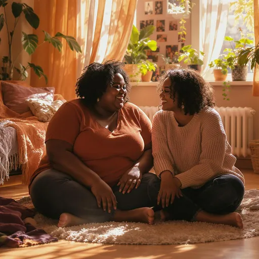 Prompt: In a cozy, warmly lit apartment adorned with soft throws and vibrant indoor plants, two close friends sit cross-legged on a plush rug. Sunlight filters through sheer curtains, casting gentle patterns on the wooden floor. The thick woman, with a playful grin and sparkling eyes, leans towards her petite friend, who has a look of surprise mixed with delight. A playful tension hangs in the air as they share a light-hearted laugh, realizing they both have feelings for the same charming man. The background is filled with eclectic decor, perhaps a few photographs on the walls that hint at their shared experiences. This intimate moment captures the essence of friendship and rivalry, bathed in a soft, playful atmosphere reminiscent of warm, inviting cinematic lighting.