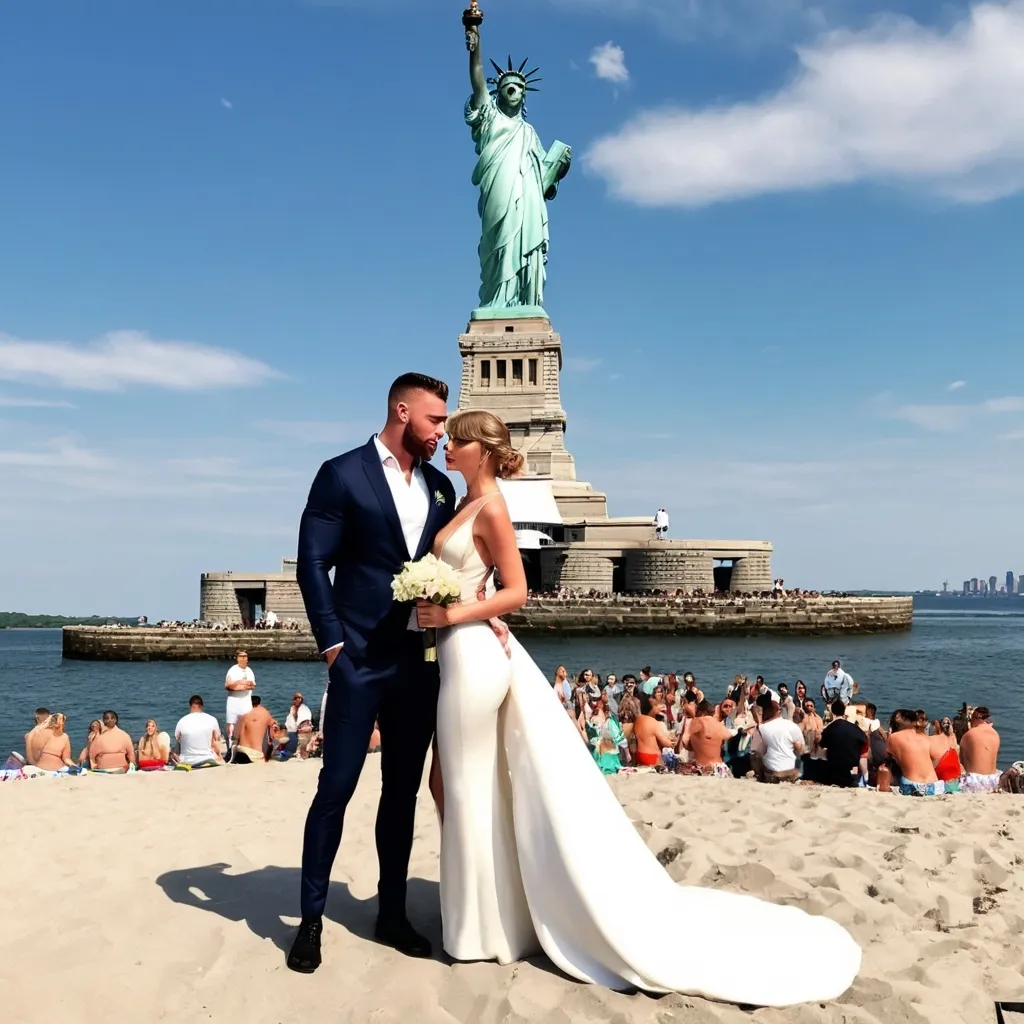 Prompt: Taylor Swift and Travis Kelce getting married on a beach with the statue if liberty in the background