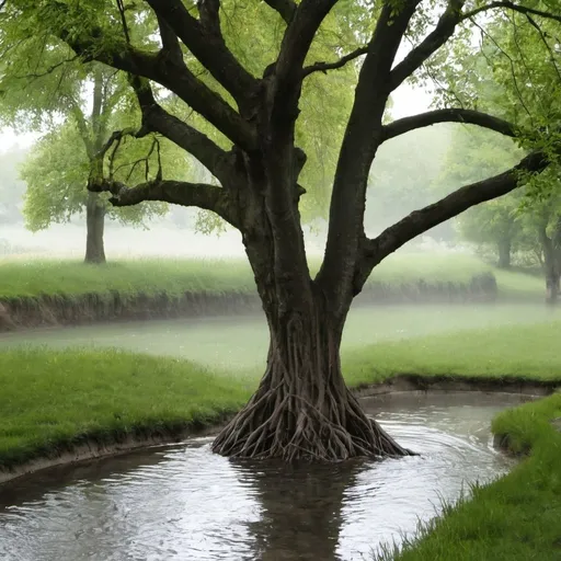 Prompt: creer moi une photo, on voit le bas d'arbre avec ses racines et une sources d'eau , pour que les racines represent l'encrage familiale et la source  la source d'eau 