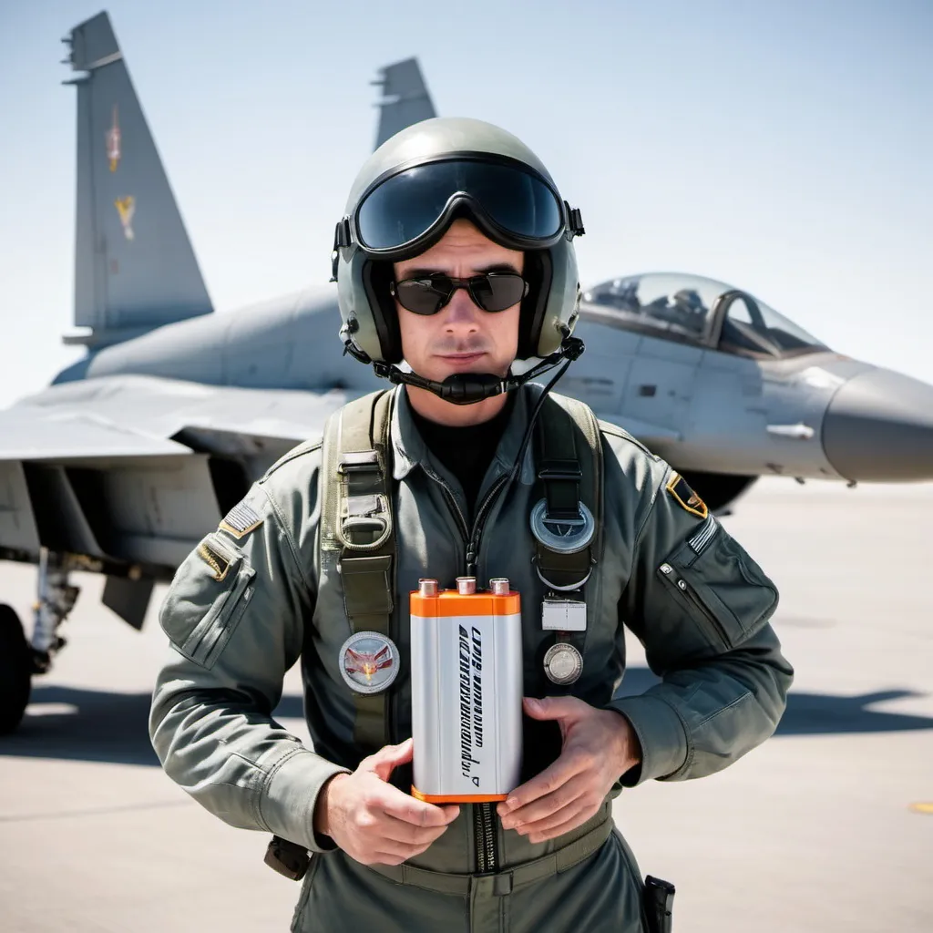 Prompt: please, generate an image of an air fighter pilot holding an lithium battery like an movie banner