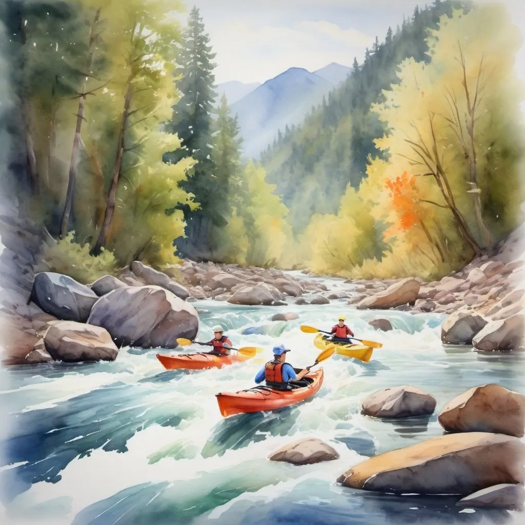 Prompt: Kayakers navigating through rapid river, watercolor painting, scenic nature landscape, dynamic movement, realistic water reflections, high quality, watercolor, natural tones, dynamic lighting