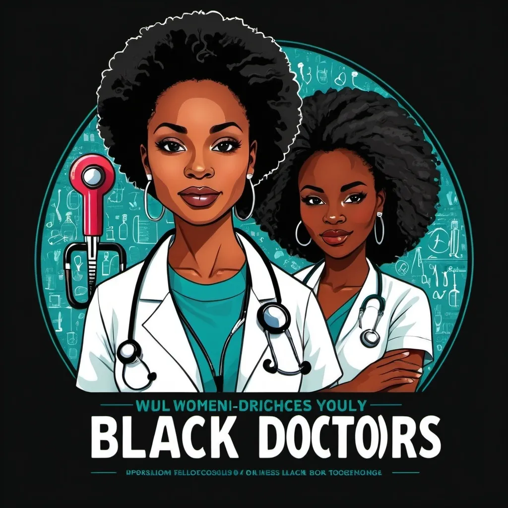 Prompt: image i can put on a tshirt aimed at black women who are doctors. I would like the words "black women doctors" on the shirt. Behind those words I would like medical type images in an african art style
