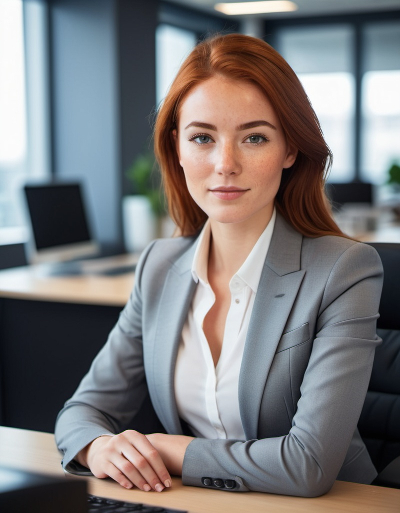 Prompt: young woman in office, confidently wearing a tailored suit, prominent freckles highlighting her youthful features, brunette or red-haired, bright and modern office environment, sleek desk with tech gadgets, natural light illuminating the space, professional and driven atmosphere, ultra-detailed, HD quality, embodying ambition and professionalism