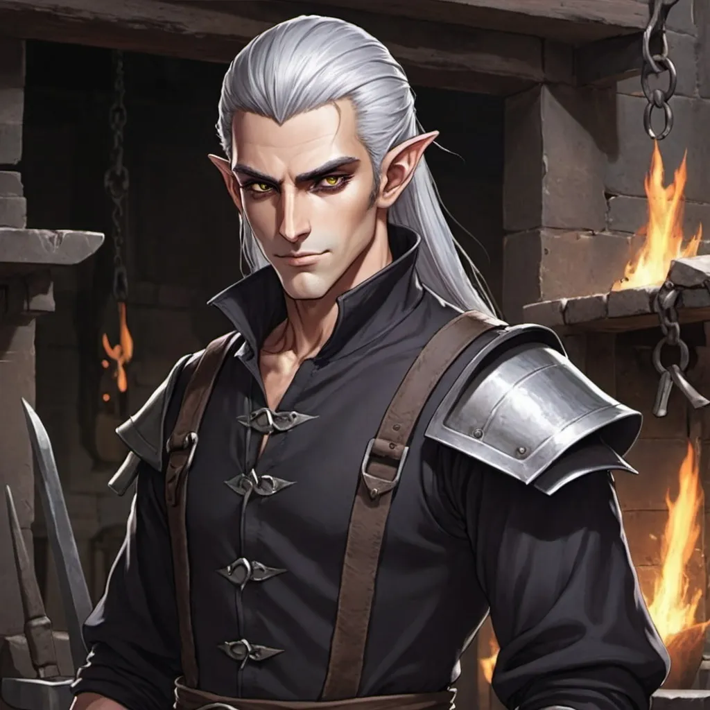 Prompt: An anime male, dark elf blacksmith 