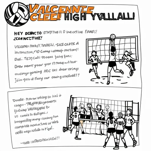 Prompt: [Scene 1: Title Screen]
Text: "Valencia High Volleyball + 100x Incentive"
Doodle Idea: Draw a volleyball and a trophy.
[Scene 2: Introduction]
Text: "Hey Valencia High Volleyball fans!"
Voiceover: "Exciting news coming your way!"
[Scene 3: Call to Action]
Text: "Join us in our survey challenge!"
Doodle Idea: Draw athletes and surveys.
[Scene 4: Participation]
Text: "We invite all boys and girls volleyball players of all levels to participate!"
Voiceover: "Every athlete can make a difference!"
[Scene 5: Incentives]
Text: "Earn $10 gift cards!"
Voiceover: "For every 75 qualified surveys completed, athletes receive a $10 gift card towards Amazon or BC Burger."
[Scene 6: Goal Setting]
Text: "Goal: 150 surveys per player!"
Doodle Idea: Draw a progress chart or target.
[Scene 7: Competition Detail]
Text: "Compete for a pizza & root beer float party!"
Voiceover: "The team that submits the most surveys will win a pizza and root beer float party!"
[Scene 8: Teams Involved]
Text: "Competing Teams: Freshman, JV, Varsity Boys & Girls"
Doodle Idea: Draw different team jerseys.
[Scene 9: Conclusion]
Text: "Let’s work together and make this a success!"
Voiceover: "Join us in reaching our goal!"
[Scene 10: Final Call to Action]
Text: "Get ready to participate!"
Doodle Idea: Draw a volleyball flying into the air.