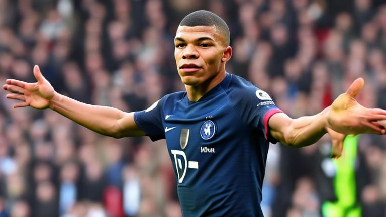 Prompt: Le joueur Kylian Mbappé célèbre un but et est content