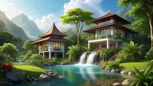 Prompt: (Rumah), stunning house in a verdant landscape, cascading waterfall in the background, vibrant flora surrounding, tranquil atmosphere, soothing sound of rushing water, rich greens and blues, sparkling sunlight reflecting on water, warm golden tones illuminating the scene, serene environment, lush greenery, ultra-detailed, picturesque setting, inviting and peaceful ambiance.