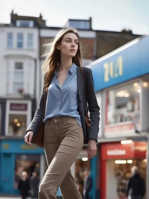 Prompt: Tall young woman walking down the high street, detailed clothing, realistic, natural lighting