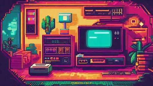 Prompt: Video game-inspired artwork with 80s console elements, pixel art design, retro color palette, detailed game characters, immersive virtual world, high quality, pixel art, 80s consoles, retro style, detailed characters, immersive environment, vintage color palette, nostalgic gaming, high resolution, vibrant and lively