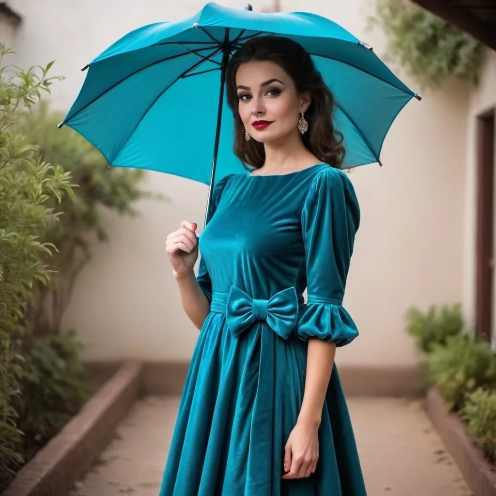 Prompt: A beautiful lady wearing turquoise blue velvet te dress with big bow belt and Juliet sleeves. Knee length umbrella cut frock