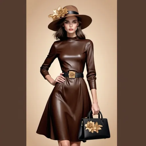 Prompt: Give me a fashion illustration with a theme of chocolate . A fair slim model wearing chocolate color dress with beautiful golden motif and hat with leather flowers on it a leather bag and black belt
