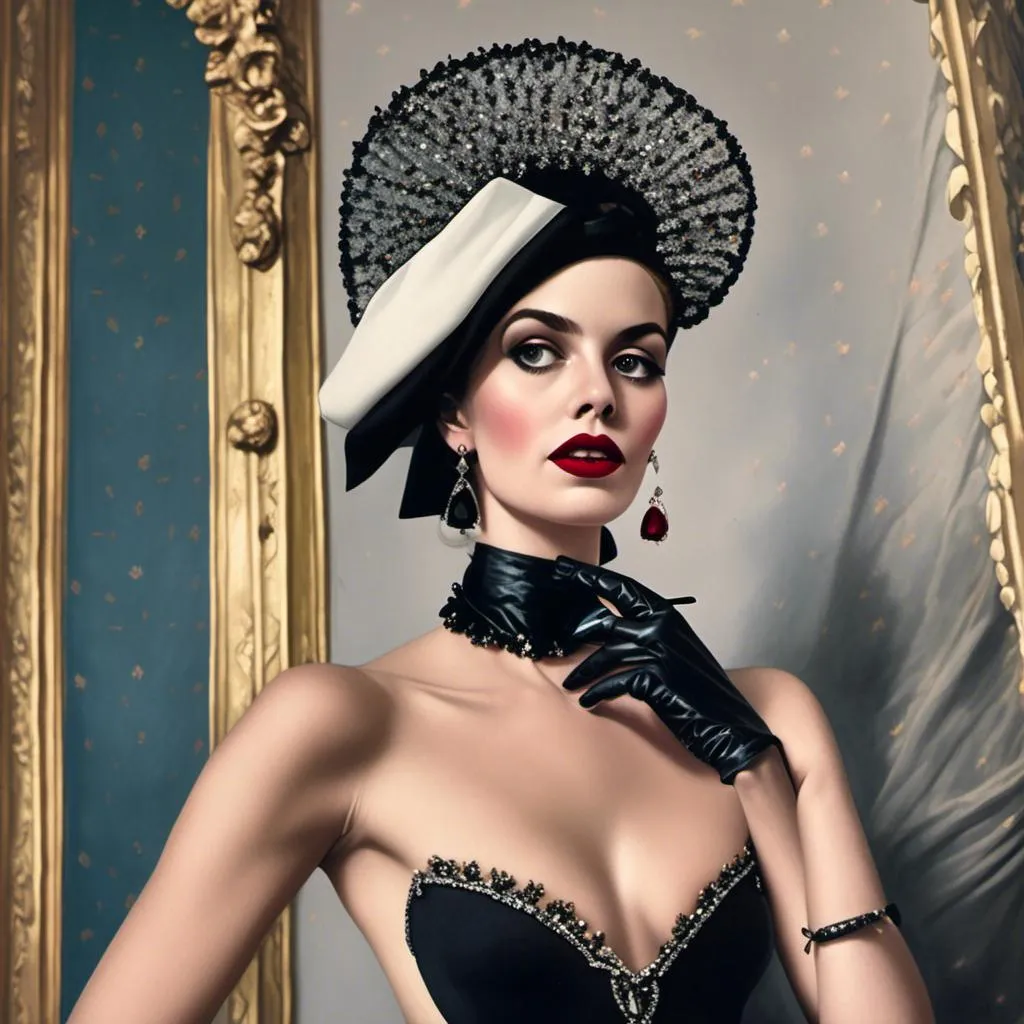 Prompt: A lady wearing a french costume . Net headgear , a high pointed footwear, slim figure, wearing glamourous black tight dress. Wearing diamond and Ruby studed jewellery rich look. Ramp make up with black lips stick and bold eyeliners<mymodel>