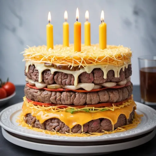 Prompt: A birthday cake made of layers of big beef patties with cheese between them.