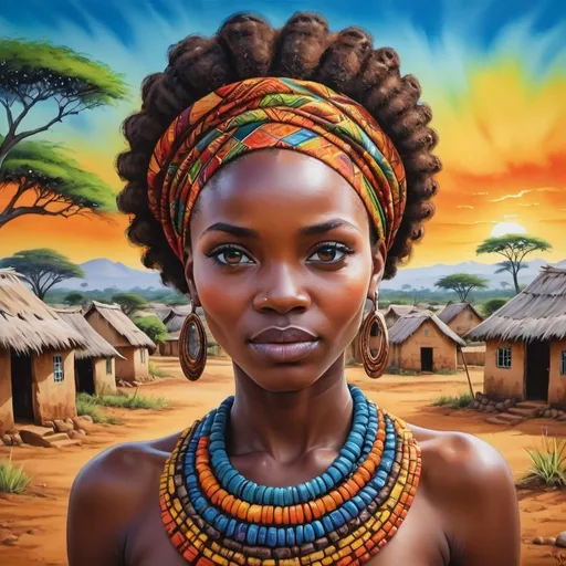 Prompt: A portrait of a beautiful African village, painted with vibrant colors by Drew Brophy that effortlessly captures the deep beauty of her eyes and hair in a flawless display of watercolor, 4K HD, featured in WatercolorArs Magazine."